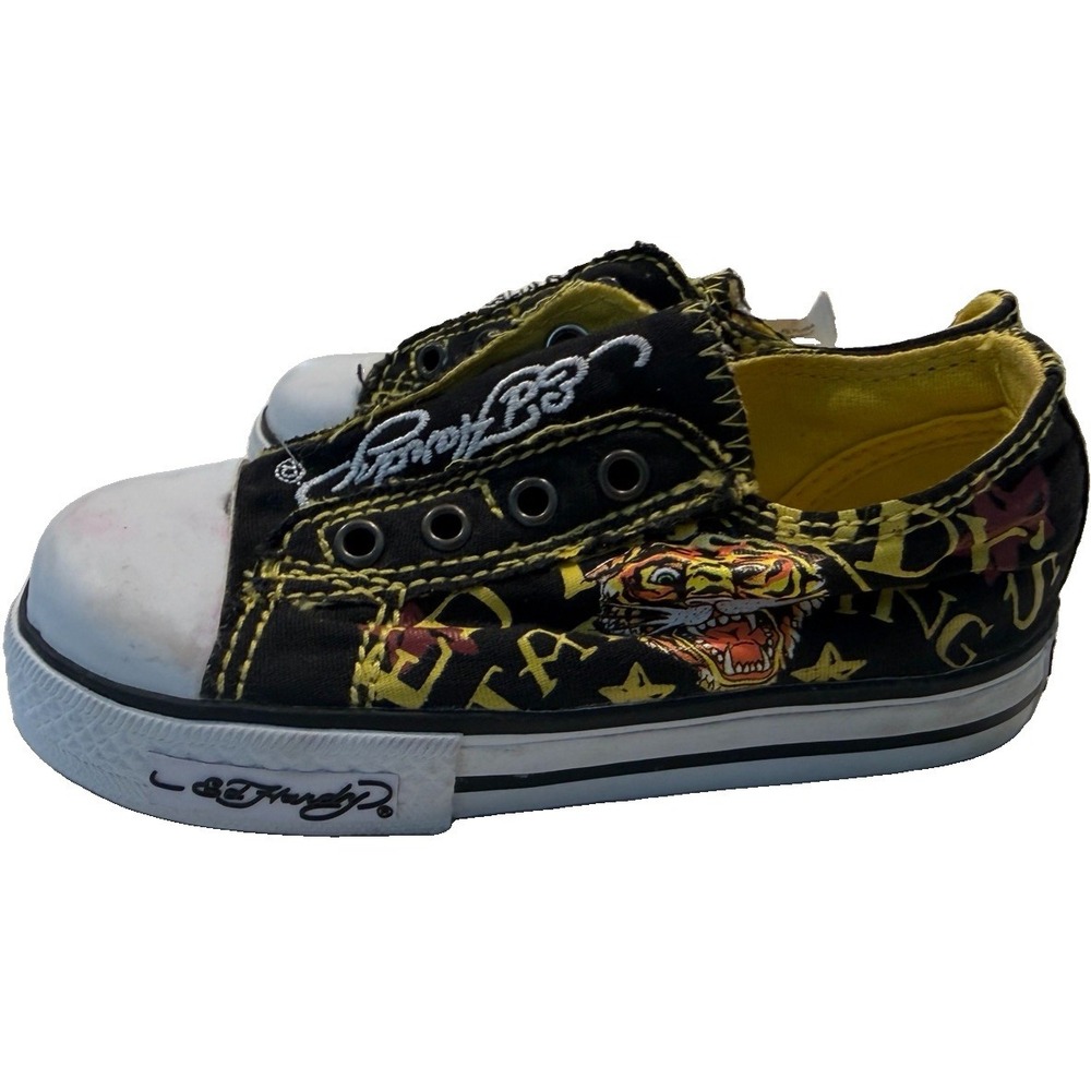 Ed Hardy Unisex Y2K Kids Graphic Tiger Sneakers Size 8 Black Slip On Tattoo
